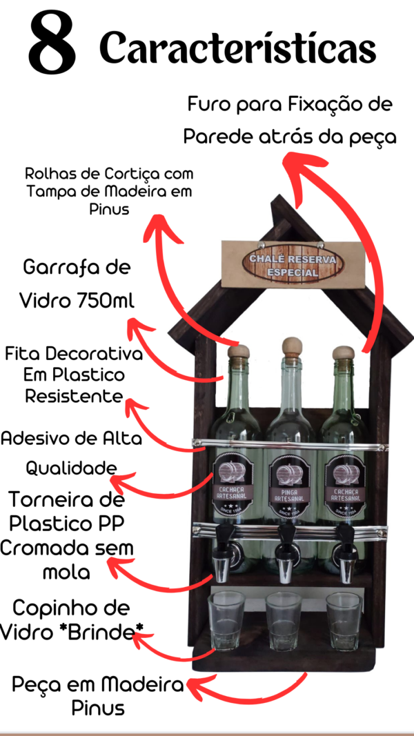 Pingômetro Chalé 3 Garrafas Simples (Porta Cachaça) - Image 3